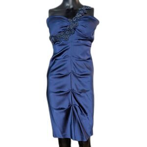 Xscape One Shoulder Beaded Cocktail Dress Size 14 Navy